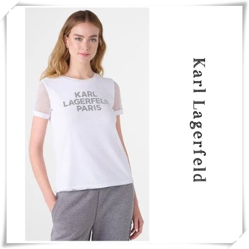 KARL Lagerfeld Paris Mesh Overlay Logo T-Shirt in White Size L